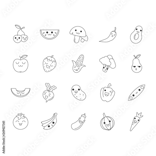 Fototapeta Naklejka Na Ścianę i Meble -  Vegetables and fruits cute kawaii linear characters