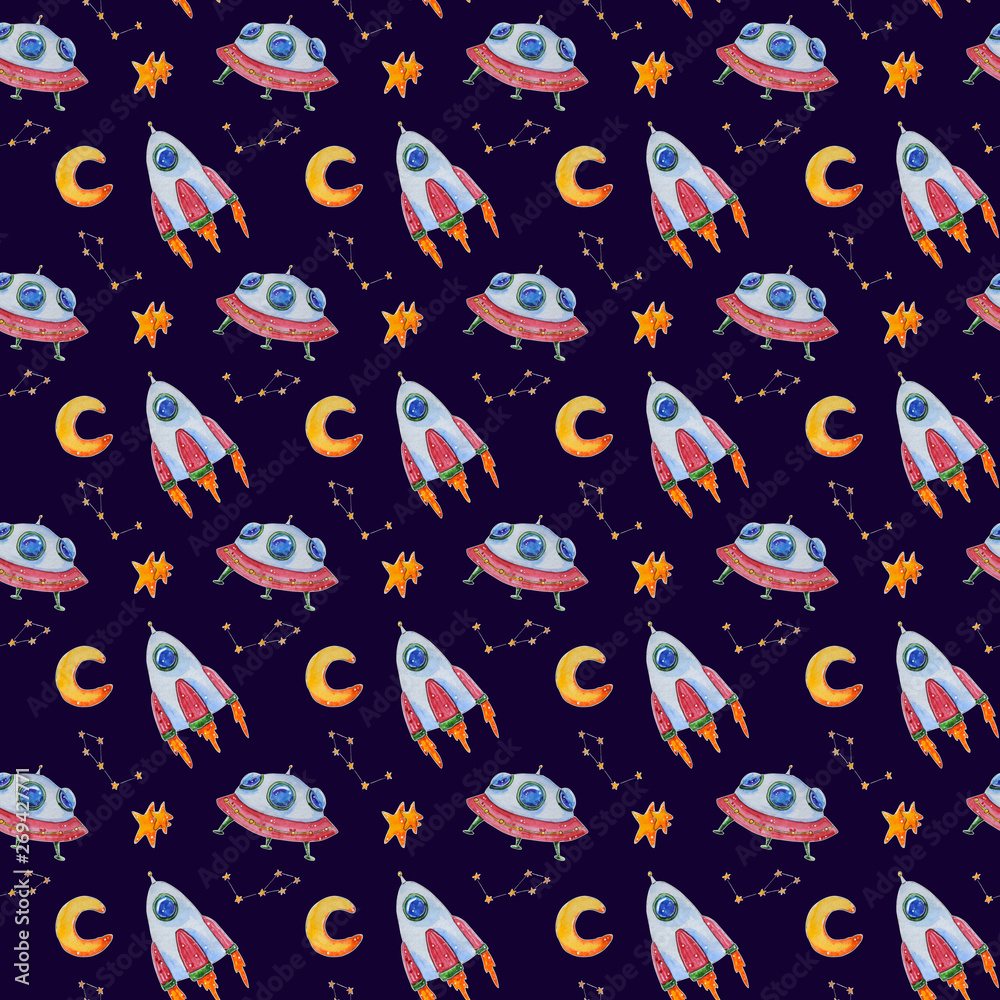 Hand painted watercolor space seamless pattern