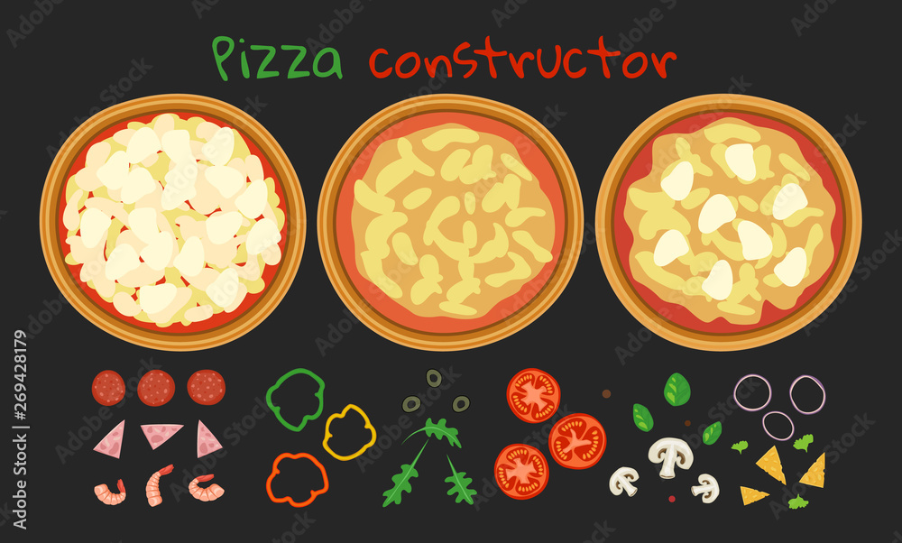 pizza constructor set dough base with sauce ingredients and topping on  black background Stock Vector | Adobe Stock