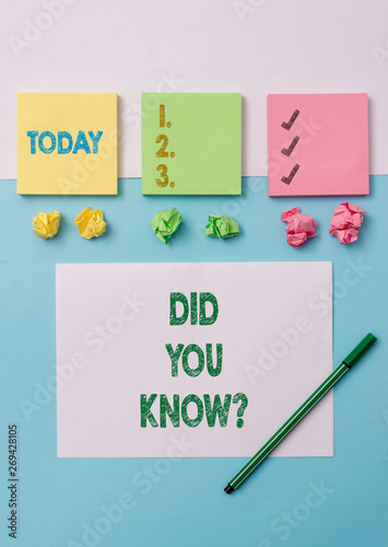 Conceptual hand writing showing Did You Know Question. Concept meaning when you are asking someone if they know fact or event Stationary placed sideways on top of the softhued backdrop © Artur