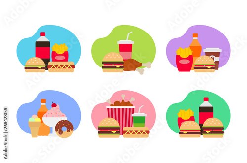 fast food  combo meal set on white background flat illustration