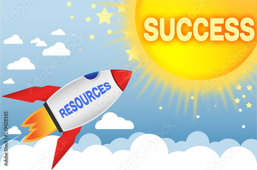 Resources connects to success in business,work and life - symbolized by a cartoon style funny drawing with blue sky, yellow sun and red rocket, 3d illustration