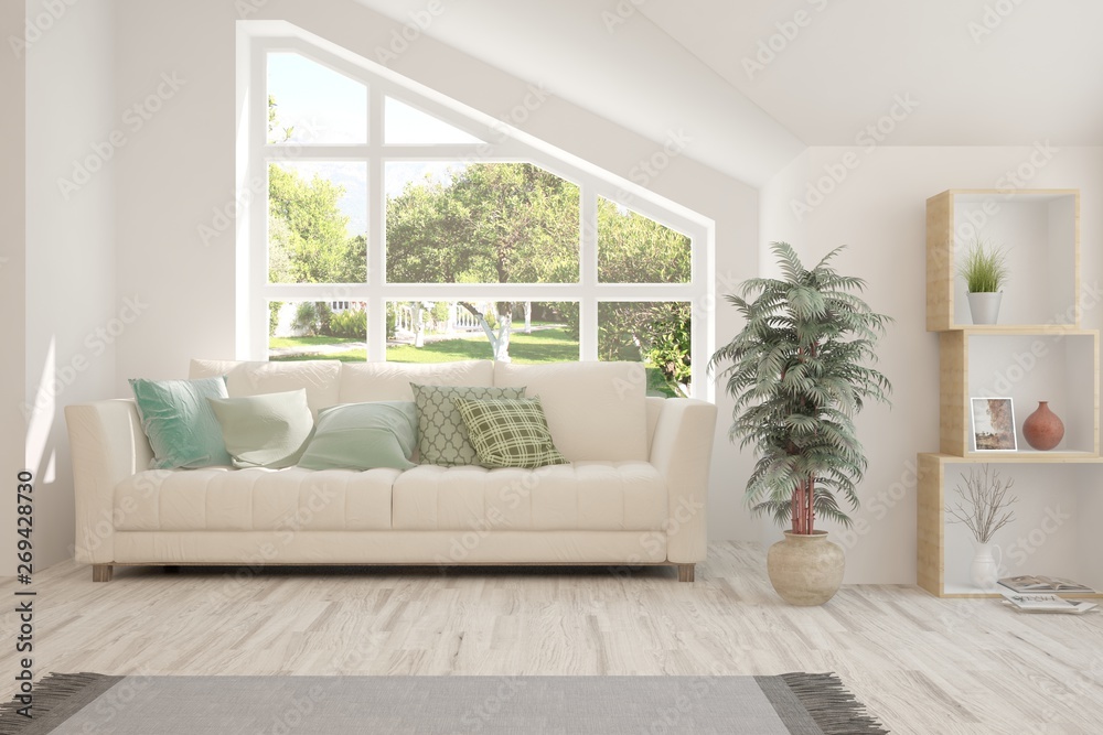 Stylish room in white color with sofa and summer landscape in window. Scandinavian interior design. 3D illustration Stylish room in white color with sofa and summer landscape in window. Scandinavian interior design. 3D illustration