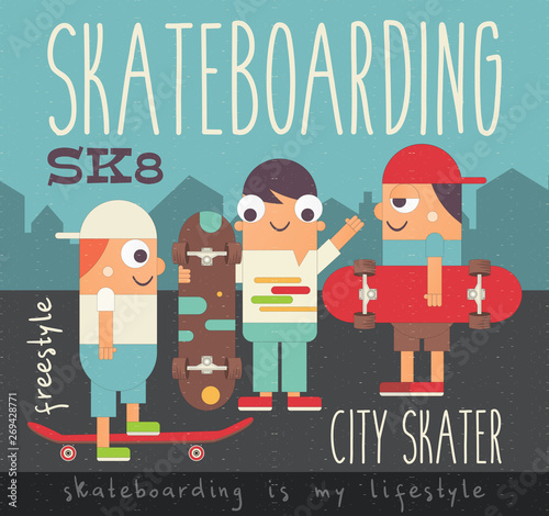Skateboarding Poster - Group of Youth Skaters on Workout. Skating in Park. Skateboarders with Skateboards. Vector Illustration. Retro Design. Flat Style. Town Background.