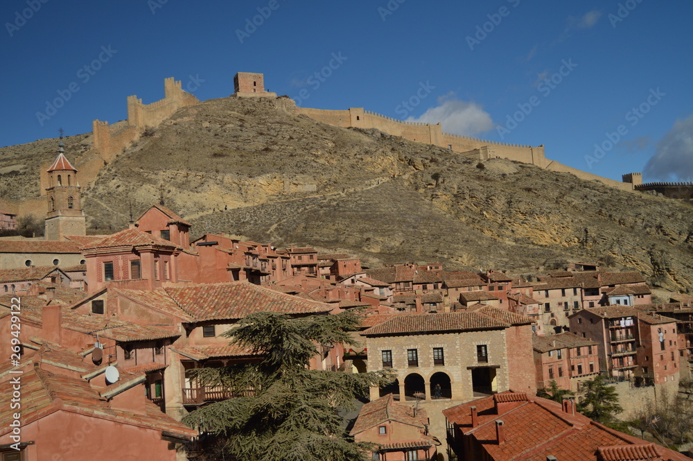 December 28, 2013. Albarracin, Teruel, Aragon, Spain. Views Of The Castle And Medieval Village From The Atrium Of The Cathedral. History, Travel, Nature, Landscape, Vacation, Architecture.