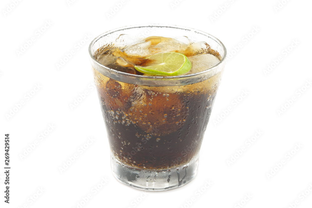Cola and lemon with ice in glass isolated on white background Cola and lemon with ice in glass isolated on white background