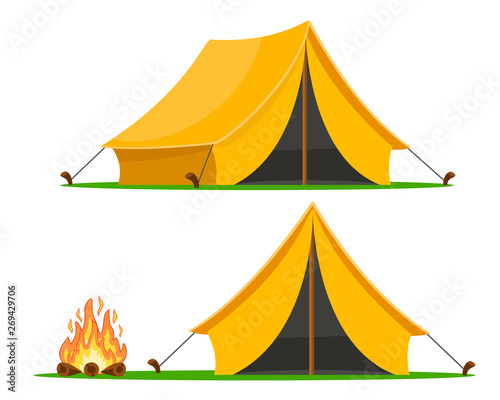 Tourist tent with different angles and a campfire on a white background. photo