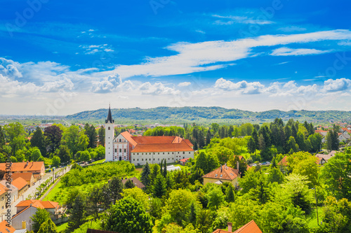 Town of Samobor in Croatia  catholic church and monastery  aerial view from drone