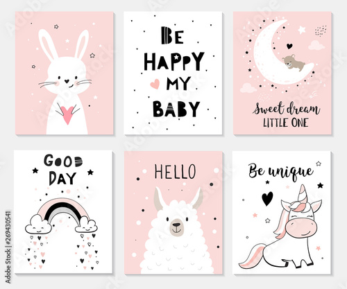 Cute posters with little bunny, lama, unicorn, vector prints for baby room, baby shower, greeting card, kids and baby t-shirts and wear. Hand drawn nursery illustration.