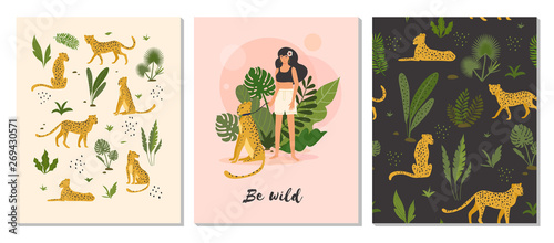 Be wild. Set of vector illustrations of woman with leopard and tropical leaves and seamless animal pattern. Perfect for poster, print, cards, t shirt and other