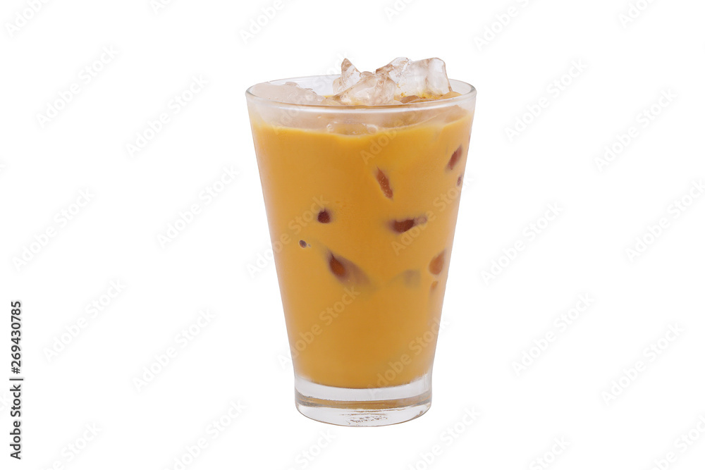 Thailand iced milk tea in glass on white background with clipping path Thailand iced milk tea in glass on white background with clipping path