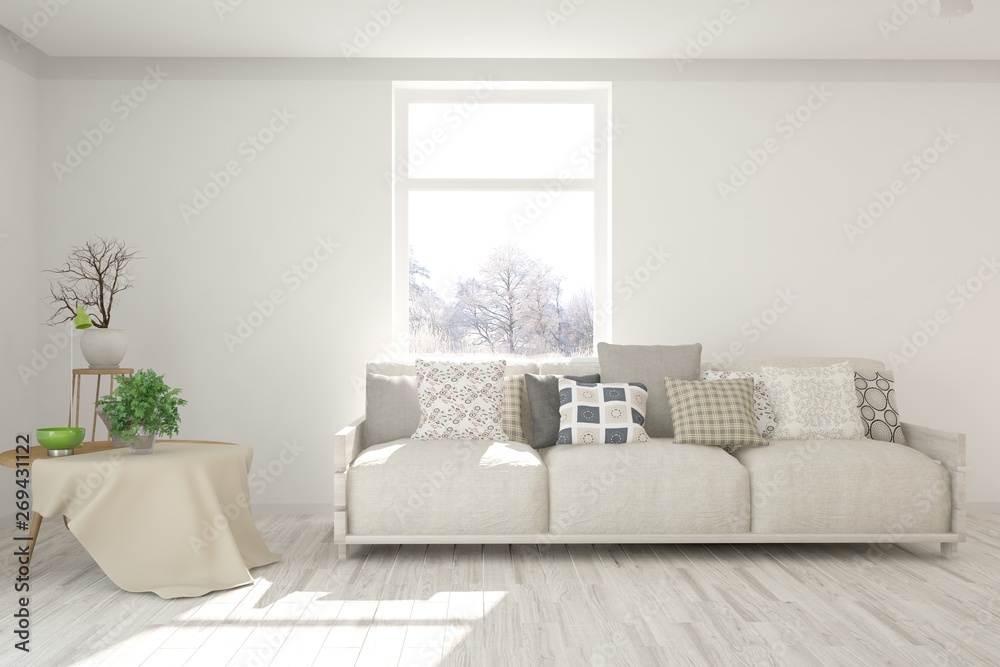 Stylish room in white color with sofa. Scandinavian interior design. 3D illustration Stylish room in white color with sofa. Scandinavian interior design. 3D illustration