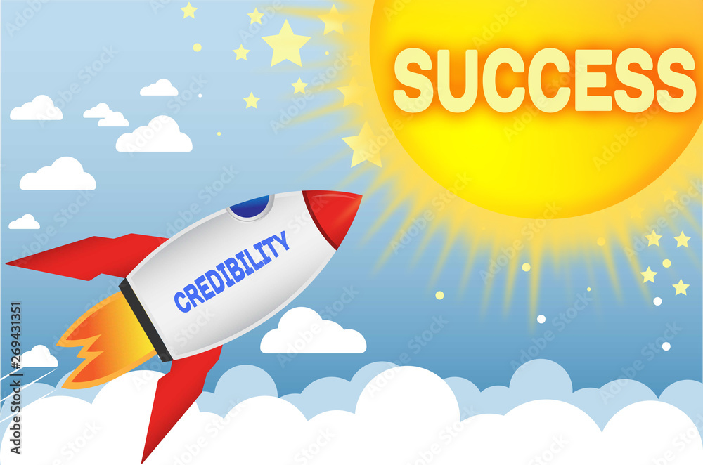 Naklejka premium Credibility connects to success in business,work and life - symbolized by a cartoon style funny drawing with blue sky, yellow sun and red rocket, 3d illustration
