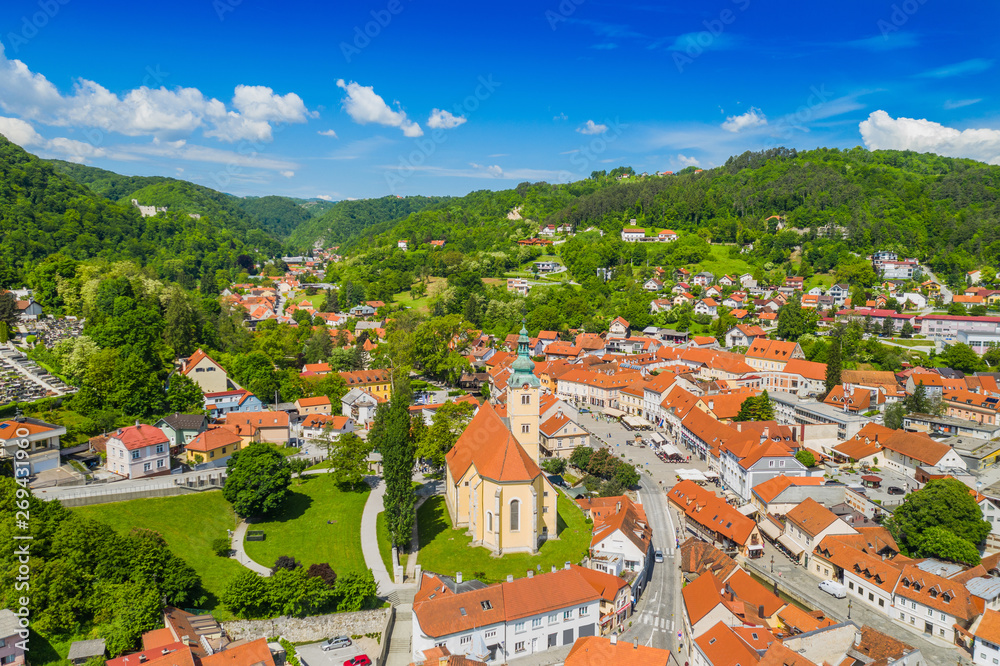 Croatia, town of Samobor, main square and church tower from drone, town skyline