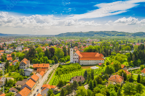 Town of Samobor in Croatia, catholic church and monastery, aerial view from drone