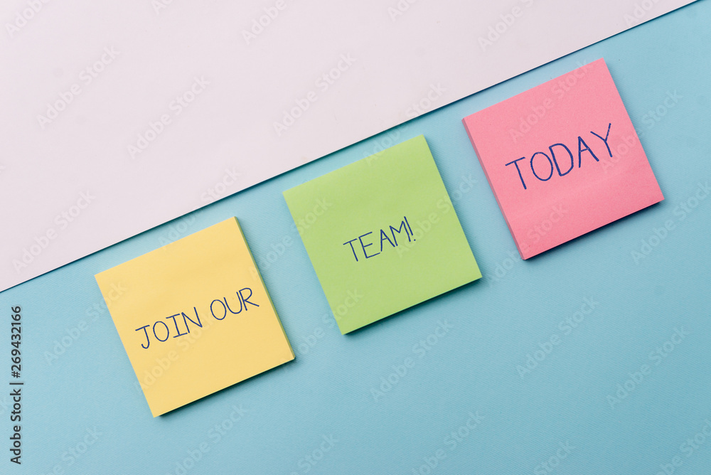 Text sign showing Join Our Team. Business photo showcasing invite someone to work together for particular purpose target Pastel colour note papers placed sideways on the of softhued backdrop Text sign showing Join Our Team. Business photo showcasing invite someone to work together for particular purpose target Pastel colour note papers placed sideways on the of softhued backdrop