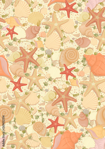 Summer seamless background with shells starfish seaweed on a sandy background. Summer vacation sea background. Vector illustration