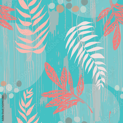 Lush island ferns seamless pattern. Has a matching border pattern available. Turquoise, coral and peach palette. Great for fashion textiles, beach house decor and wallpaper. Vector. 