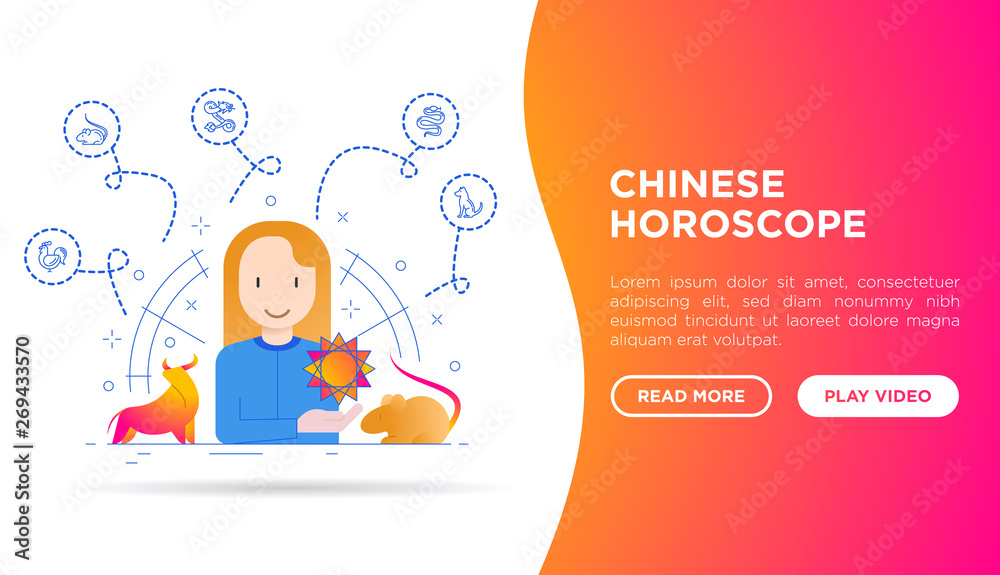 Chinese horoscope web page template. Astrologer with thin line animal icons around: rooster, ox, mouse, dragon, .dog. Modern vector illustration for calendar. Chinese horoscope web page template. Astrologer with thin line animal icons around: rooster, ox, mouse, dragon, .dog. Modern vector illustration for calendar.