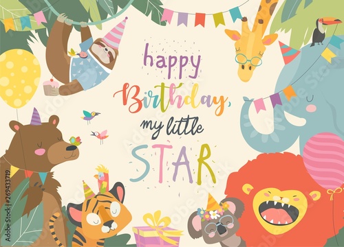 Vector frame with cute animals celebrating Birthday
