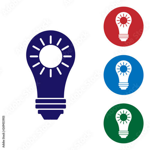 Blue Solar energy panel icon isolated on white background. Sun and light bulb. Set color icon in circle buttons. Vector Illustration