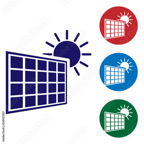 Blue Solar energy panel and sun icon isolated on white background. Set color icon in circle buttons. Vector Illustration