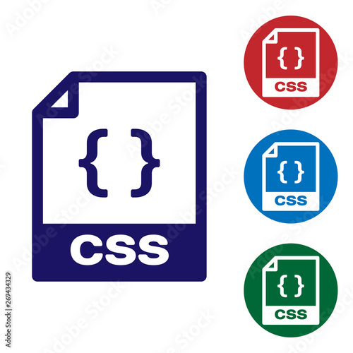 Blue CSS file document icon. Download css button icon isolated on white background. CSS file symbol. Set color icon in circle buttons. Vector Illustration