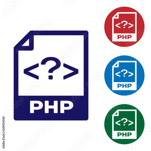 Blue PHP file document icon. Download php button icon isolated on white background. PHP file symbol. Set color icon in circle buttons. Vector Illustration