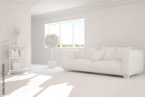 Mock up of stylish room in white color with sofa. Scandinavian interior design. 3D illustration