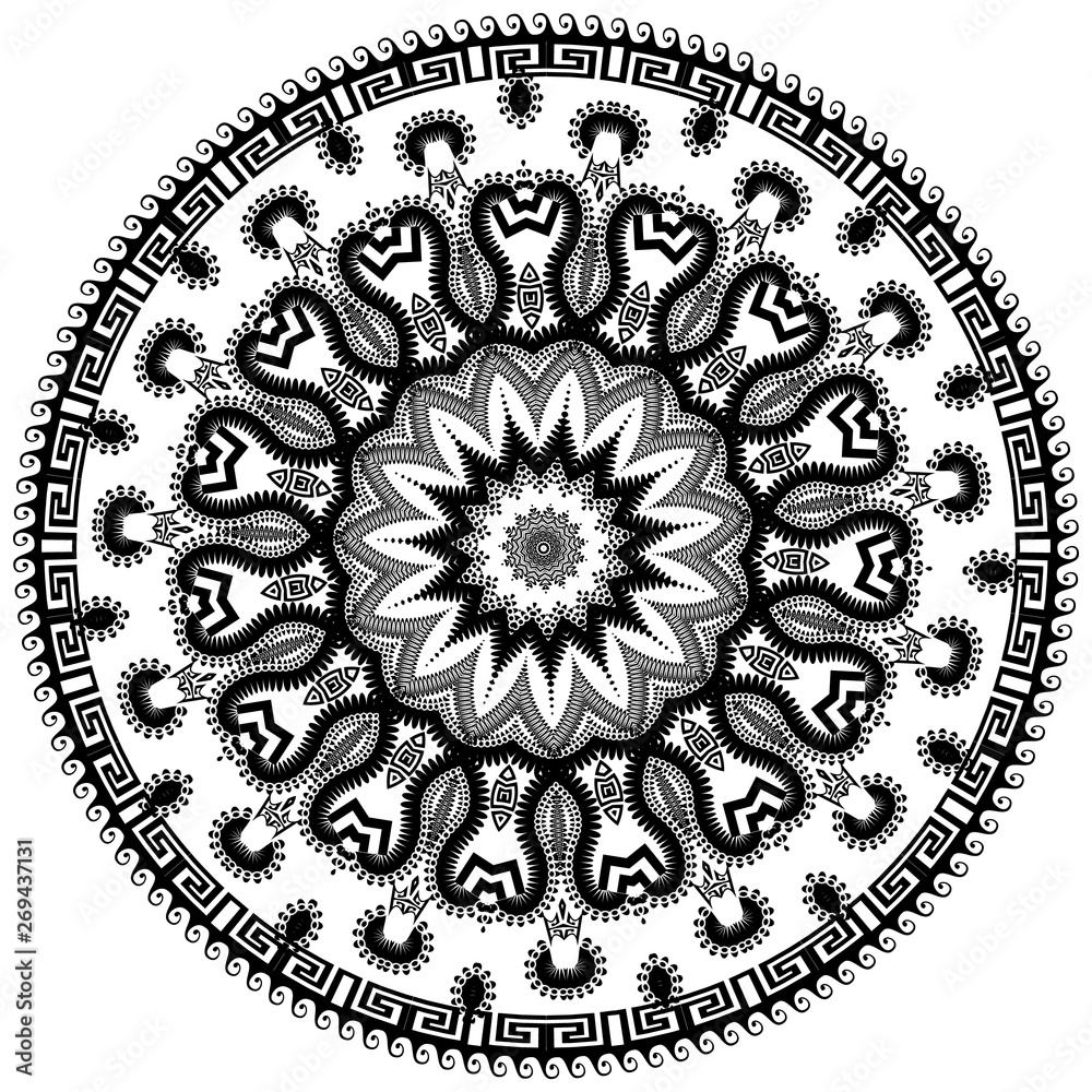 Floral round greek pattern. Vector isolated black meander ornament on the white background. Ethnic mandala with greek key wave lines. Ornamental textured design.  Geometric abstract ornate texture