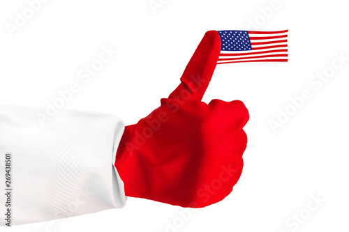 Closeup view hand wearing a rubber glove is giving thumb up of one hand making like gesture with a little USA flag on the thumb. as sign of success or approval isolated on white background. sign like
