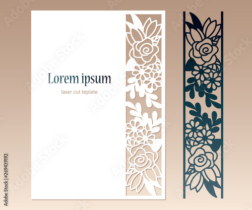 Card with openwork floral border and space for text. Laser cutting template for greeting cards, envelopes, invitations, decorative elements.