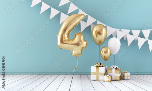 Sticker Happy 4th birthday party celebration balloon, bunting and gift box