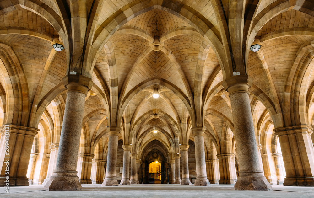 GlThe Cloisters (also known as The Undercroft) - iconic part of the University of Glasgow main biulding in Glasgow, Scotland, United Kingdom. GlThe Cloisters (also known as The Undercroft) - iconic part of the University of Glasgow main biulding in Glasgow, Scotland, United Kingdom.