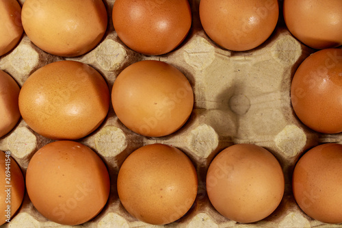 Raw chicken eggs in cardboard egg box with empty space