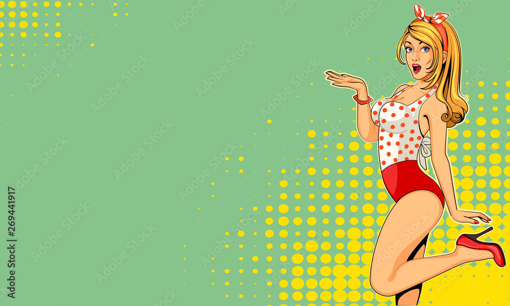 Beautiful excited pin up girl illustration in pop art style Stock-vektor Adobe Stock