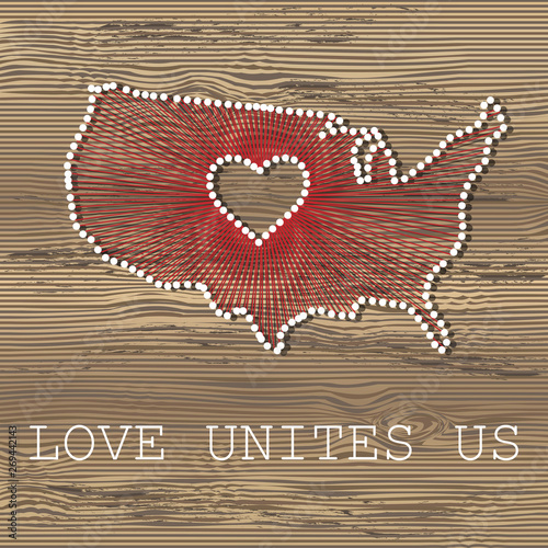 USA art vector map with heart. String art, yarn and pins on wooden board texture. Love unites us. Message of love.