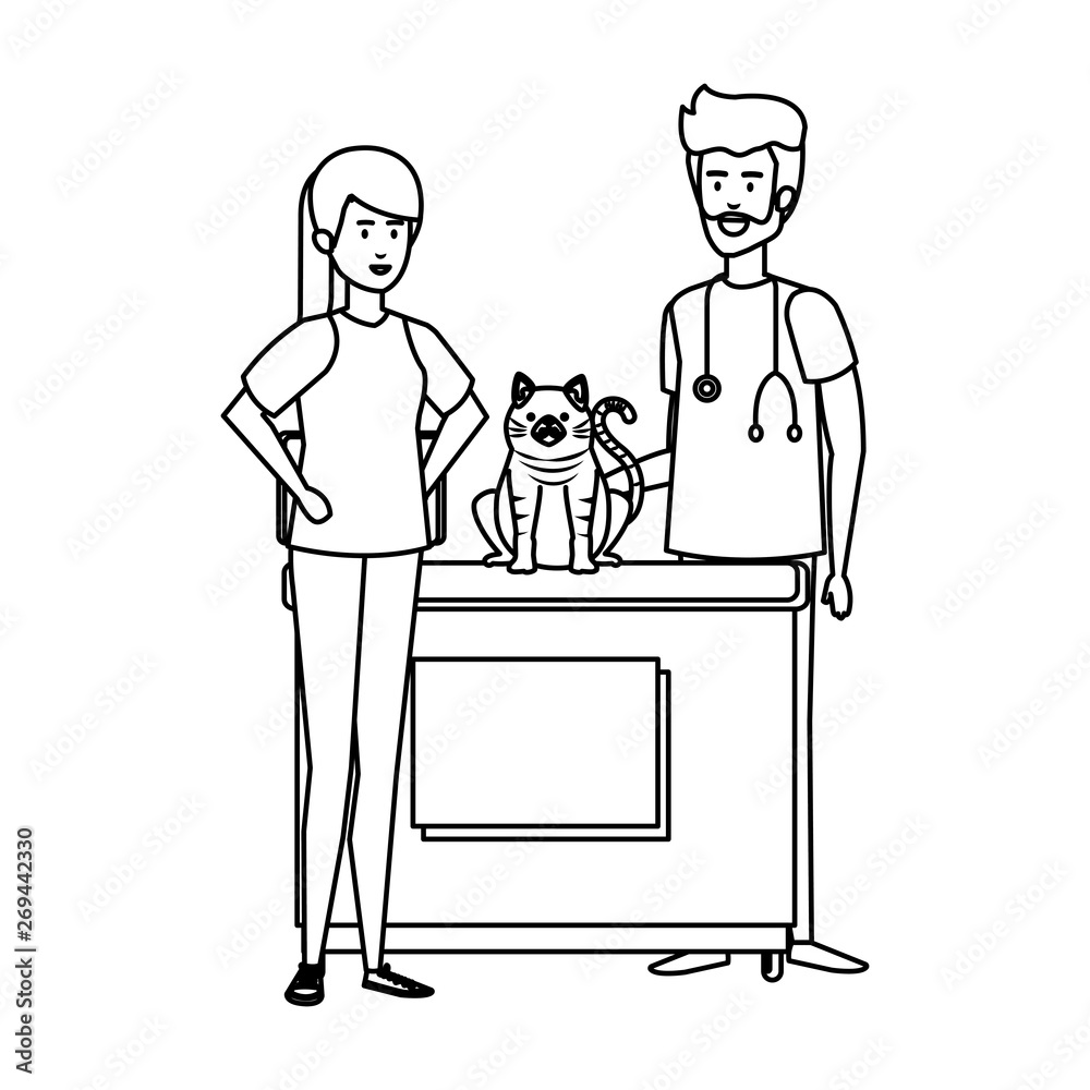 male veterinary doctor with cat and owner