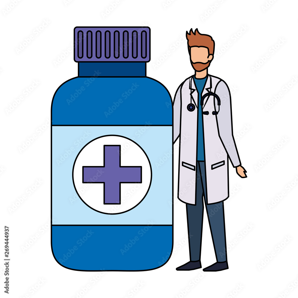 professional doctor with stethoscope and bottle drugs