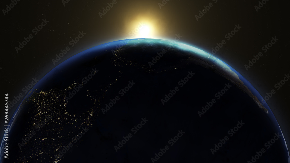Planet earth from space, fantastic sunrise. 3D Render with real footage of planet earth