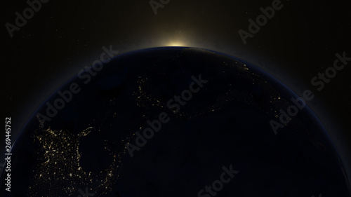 Fototapeta Naklejka Na Ścianę i Meble -  Planet earth from space, fantastic sunrise. 3D Render with real footage of planet earth