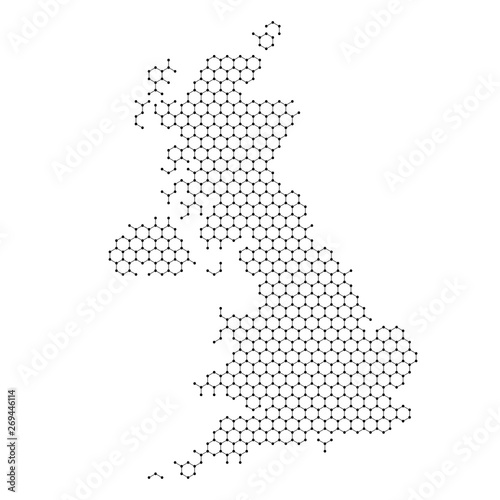 United Kingdom map from abstract futuristic hexagonal shapes, lines, points black, in the form of honeycomb or molecular structure. Vector illustration.