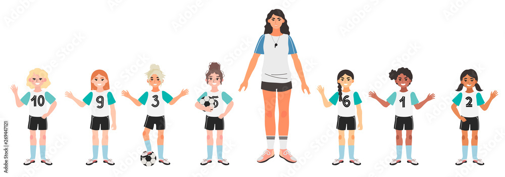 Vector illustration of a girl football or soccer team with their coach isolated on a white background.