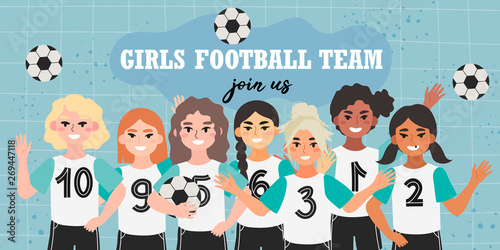 Girl football team banner. Vector illustration of a soccer children team on a blue background. Creative banner, flyer or landing page for a kids football team, club or championship.