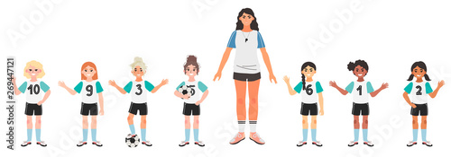 Vector illustration of a girl football or soccer team with their coach isolated on a white background.