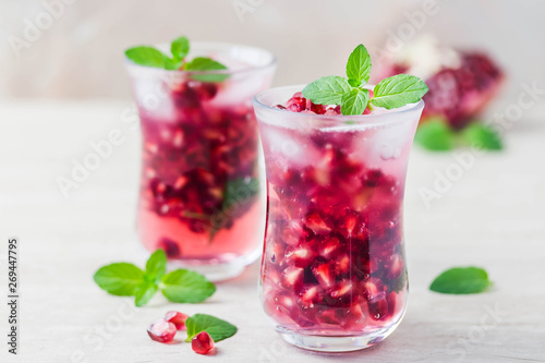 Pomegranate mint sangria. Selective focus, space for text.