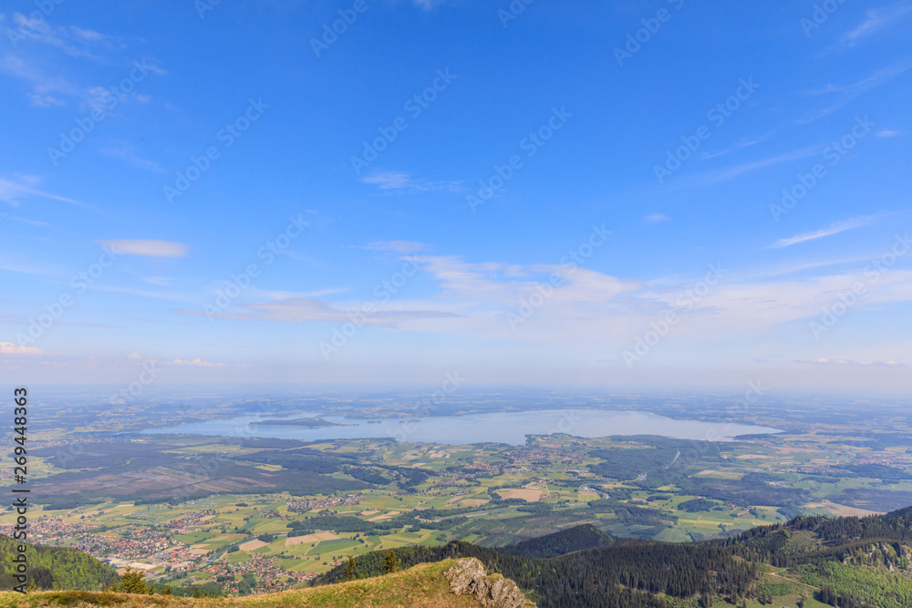 Lake Chiemsee, view from Mountain Hochgern on a sunny summer day