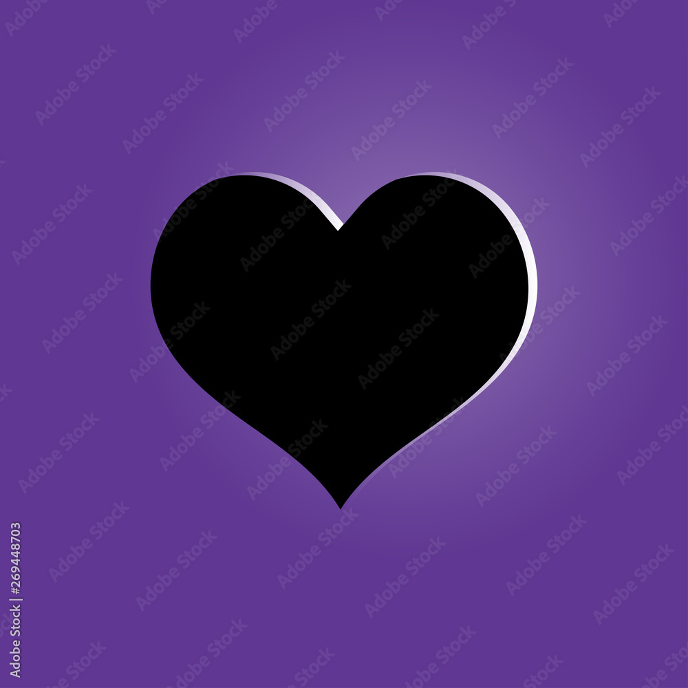 Black heart icon on purple background, symbol of love and passion