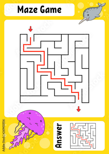 Maze. Game for kids. Funny labyrinth. Education developing worksheet. Activity page. Puzzle for children. Cute cartoon style. Riddle for preschool. Logical conundrum. Color vector illustration.