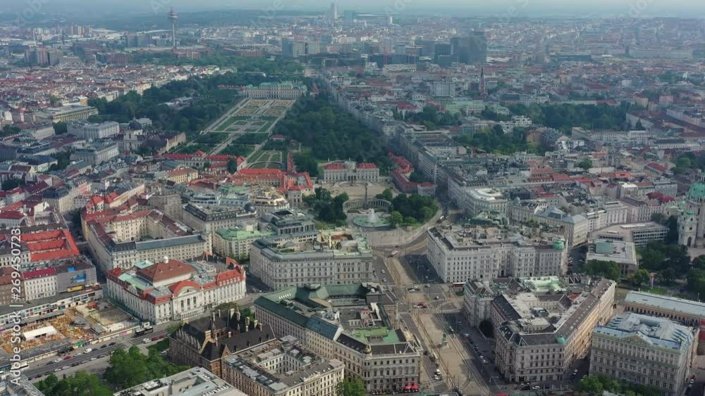 Aerial view of cityscape of Vienna, historic center of city, Belvedere Palace (Schloss Belvedere) and gardens in background - landscape panorama of Austria from above, Europe Aerial view of cityscape of Vienna, historic center of city, Belvedere Palace (Schloss Belvedere) and gardens in background - landscape panorama of Austria from above, Europe